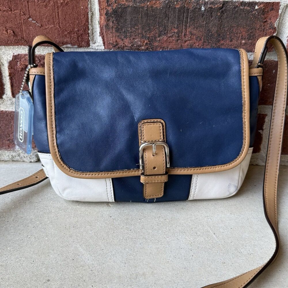 Coach Hadley Leather Field Bag Navy/ White Crossbody Purse F29763